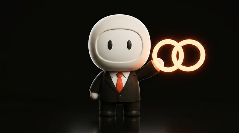A Humane Plus figure in a suit holding up two interlocking glowing rings.