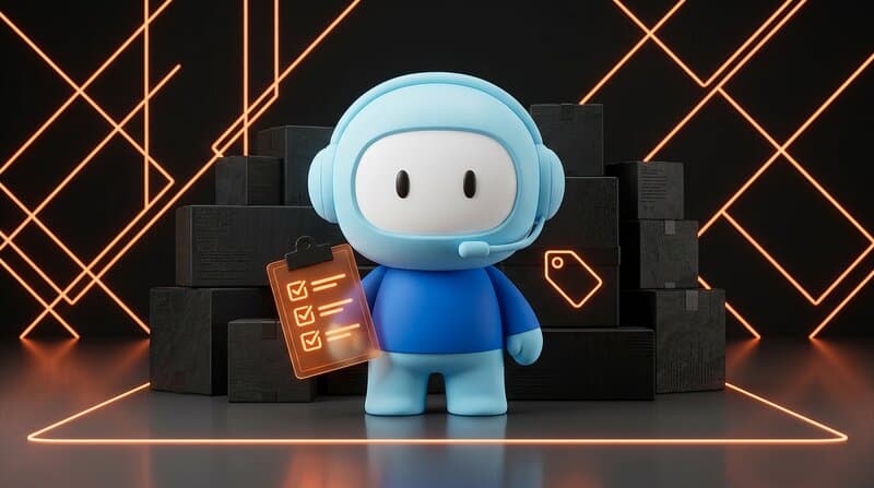 The Humane support agent holds a glowing orange clipboard with three ticked boxes, behind it a tall stack of dark parcels and a small floating price tag