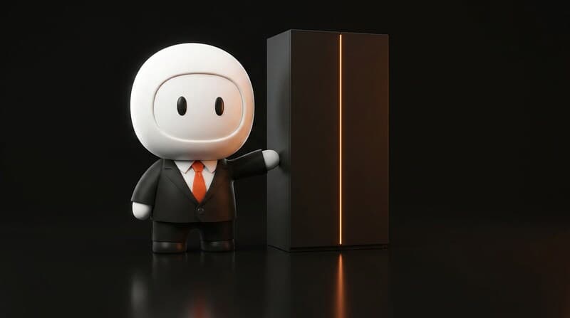 A Humane Plus figure beside a closed dark cabinet with a thin orange seam of light.
