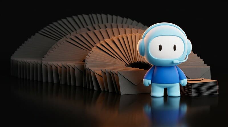 The Humane Plus support agent before a wide fan of envelopes resolving into one tidy stack.