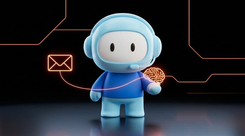 The Humane support agent holds a small glowing orange circuit-like brain in one hand while a soft neon line connects it to a floating envelope