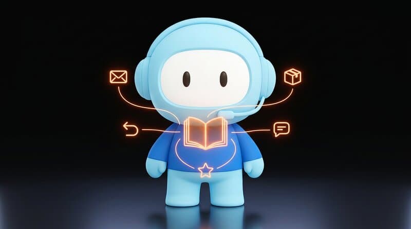 The Humane support agent stands in the centre with a small glowing orange open book floating in front of it, thin lines branching out to five tiny icons: an envelope, a parcel, a return arrow, a chat bubble and a star