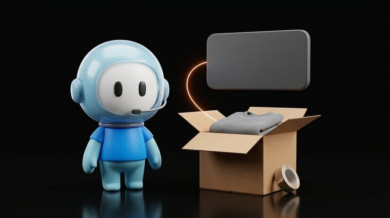 The Humane Plus support agent beside an open return box holding a sweater, with a portal window floating above it.