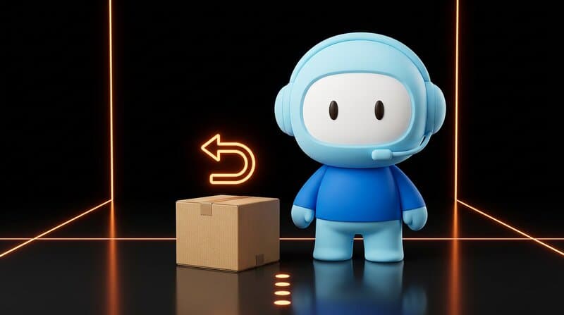 The Humane support agent stands next to a small parcel with a glowing orange return arrow above it, three glowing dots on the floor forming a path