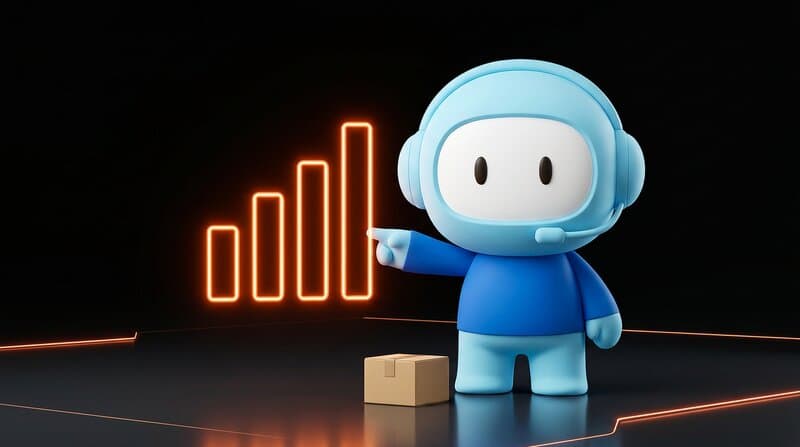The Humane support agent points at a floating, glowing orange bar chart made of four neon bars of different heights, a small parcel at its feet