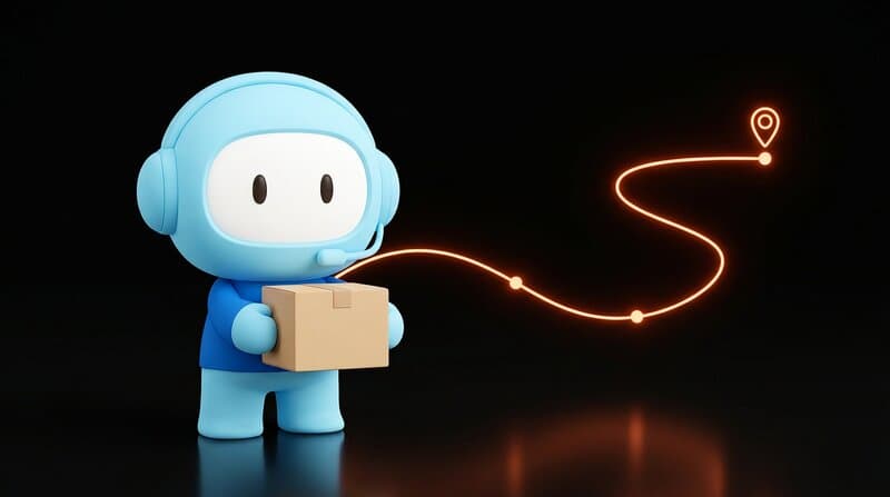 The Humane support agent holds a parcel, behind it a glowing delivery route with a destination pin