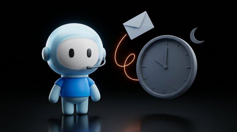 The Humane Plus support agent beside a large wall clock, one envelope flying off on its own.