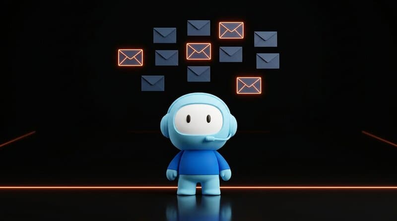 The Humane support agent looks up at a cloud of twelve small floating dark envelopes arranged in a loose grid, a few of them outlined in glowing orange