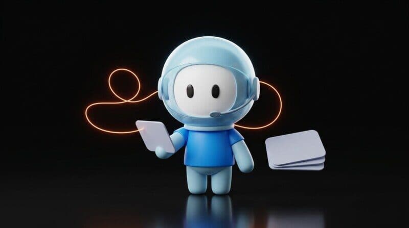 The Humane Plus support agent holding one card beside a stack of further cards, an orange line running into its helmet.