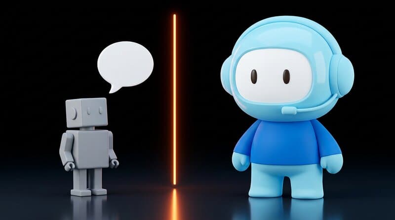 The Humane support agent stands on the right, on the left a small plain grey boxy robot toy with a speech bubble, between them a glowing orange vertical line dividing the scene
