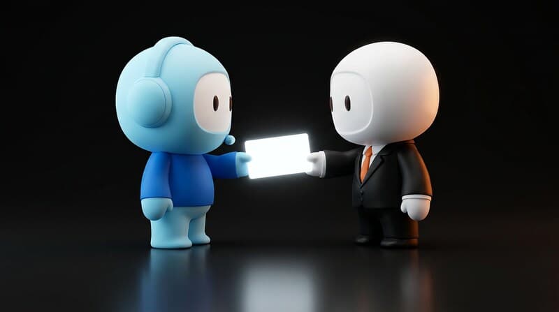 The Humane Plus support agent handing a glowing card to a second figure in a suit.