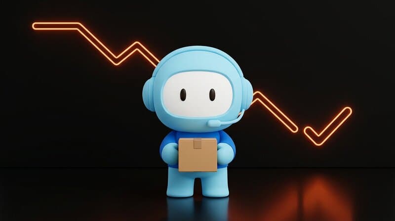 The Humane support agent holds a small parcel while a glowing orange downward-trending line runs along the wall behind it, ending in a small check mark