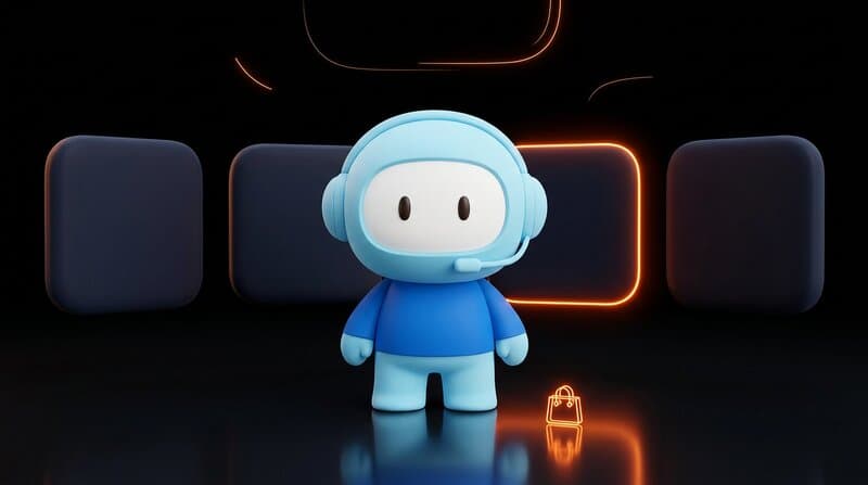 The Humane support agent stands between three floating dark app tiles of equal size, the middle one outlined in glowing orange, a tiny shopping bag icon on the floor